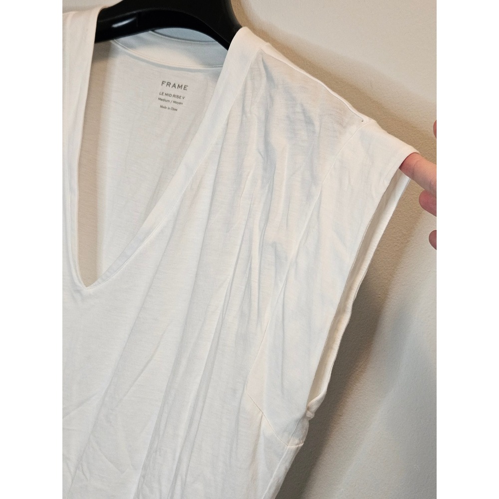 FRAME Le Mid Rise V White Cotton V-Neck Cap Sleeve Tee Blanc Medium - Picture 9 of 9